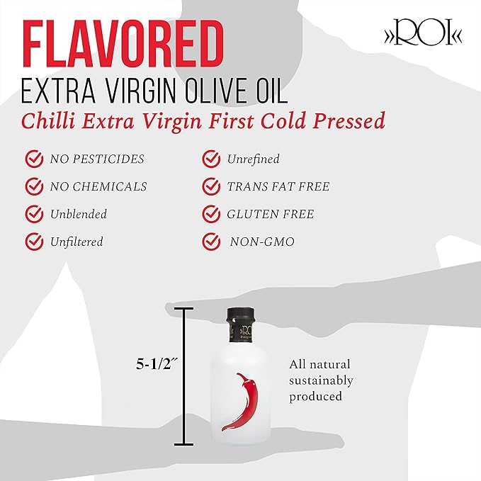 ROI Chili Infused Olive Oil - 100% Natural Flavored Italian Gourmet Extra Virgin Olive Oil Made in Italy Cold Pressed with Real Chili Peppers 8.45 fl oz (250 ml)