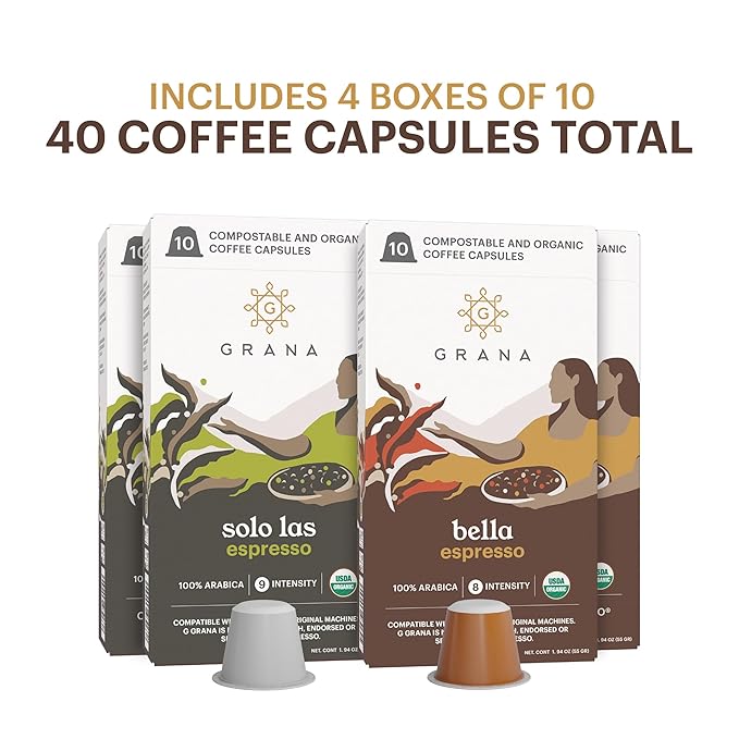 G GRANA Coffee Pods Compatible with Nespresso OriginalLine 40 Count Medium and Dark Roast USDA Organic 100% Arabica Single Source Specialty Coffee Compostable Single Serve Capsules