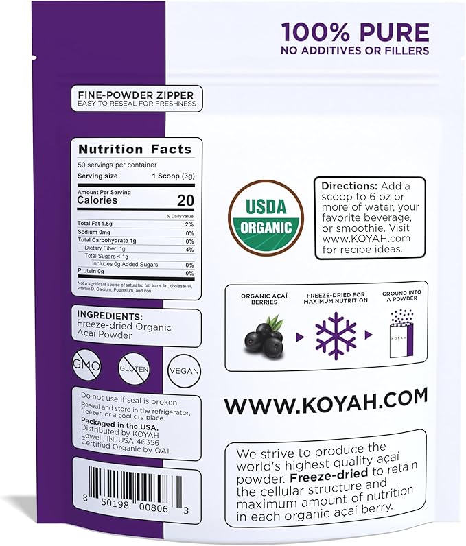 KOYAH - Organic Acai Powder (150g - 50 Servings): Brazil Grown Freeze-Dried 100% Pure No Citric Acid Added Great in Smoothies and Bowls