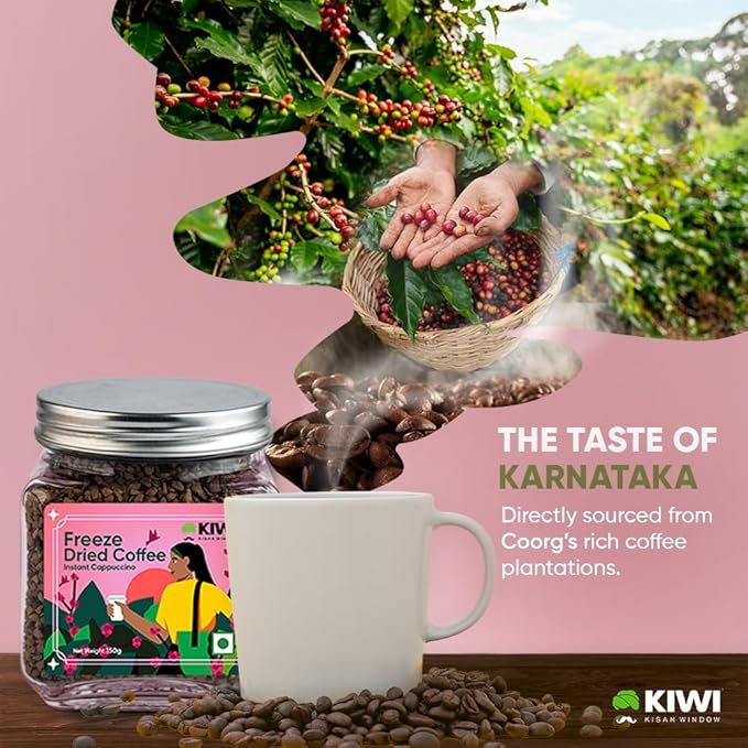 Kiwi Kisan Window - Freeze Dried Instant Coffee150gm (80+ Cups) | 100% Arabica Beans | Bold &amp Rich Taste | No Chicory - No Preservatives | Perfect for Hot &amp Cold Coffee
