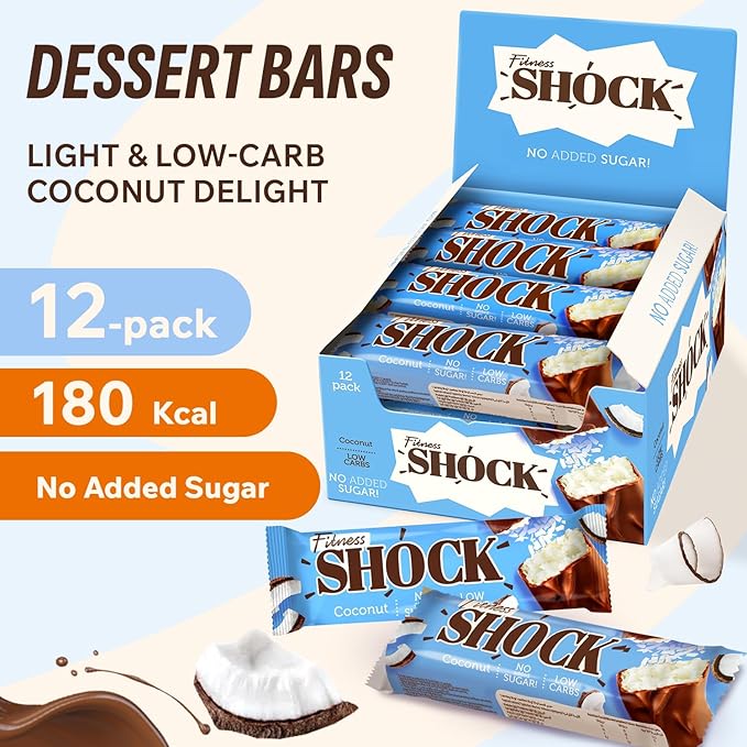 FitnesSHOCK Coconut Snack Bars – Low Sugar Snack Bar (1g Sugar 0g Added Sugar) – Dessert Alternative – Dark Chocolate &amp Coconut Flakes – 12 Count