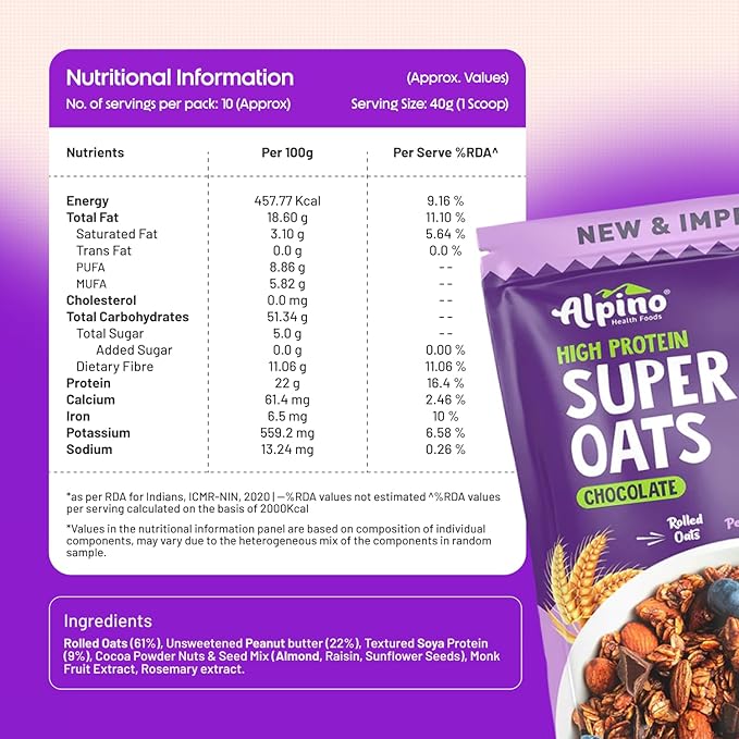 ALPINO Peanut Butter Super Oats Chocolate | 21% High Protein | Made with Rolled Oats Chocolate Peanut Butter &amp Cocoa | No Added Sugar &amp Salt | Gluten-Free | Vegan (35.2 oz)