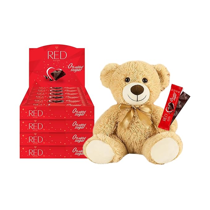 RED Delight®™ Dark Chocolate 12 Count Box of Grab N Go Travel Size Bars (0.92 Ounces Each) with 14 Plush Teddy Bear (4 Boxes - Total of 48 Bars + 14 Plush Teddy Bear)