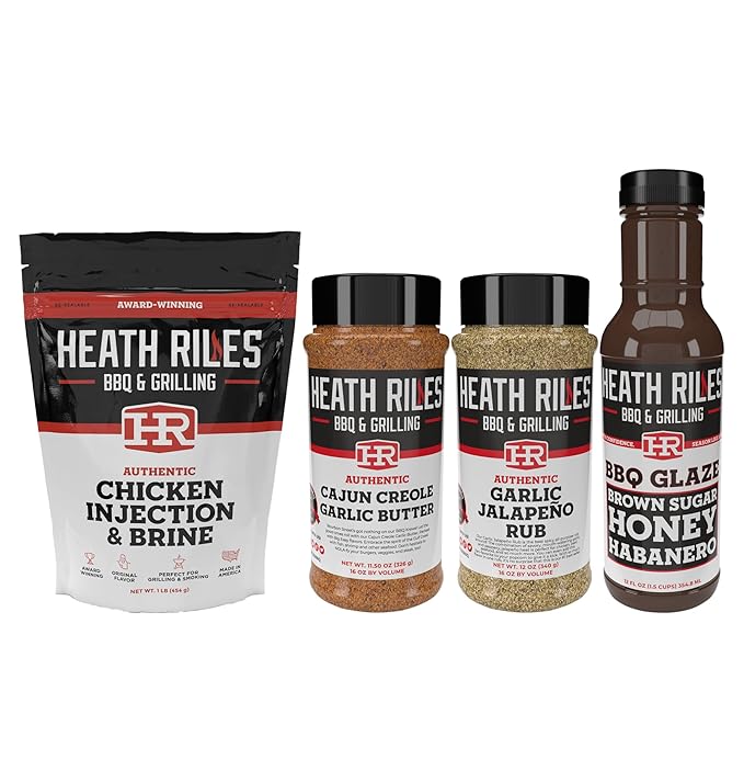 Heath Riles BBQ Bundle - Chicken Injection &amp Brine Garlic Jalapeño BBQ Seasoning Rub Cajun Creole Garlic Butter Rub Seasoning and Brown Sugar Honey Habanero BBQ Glaze