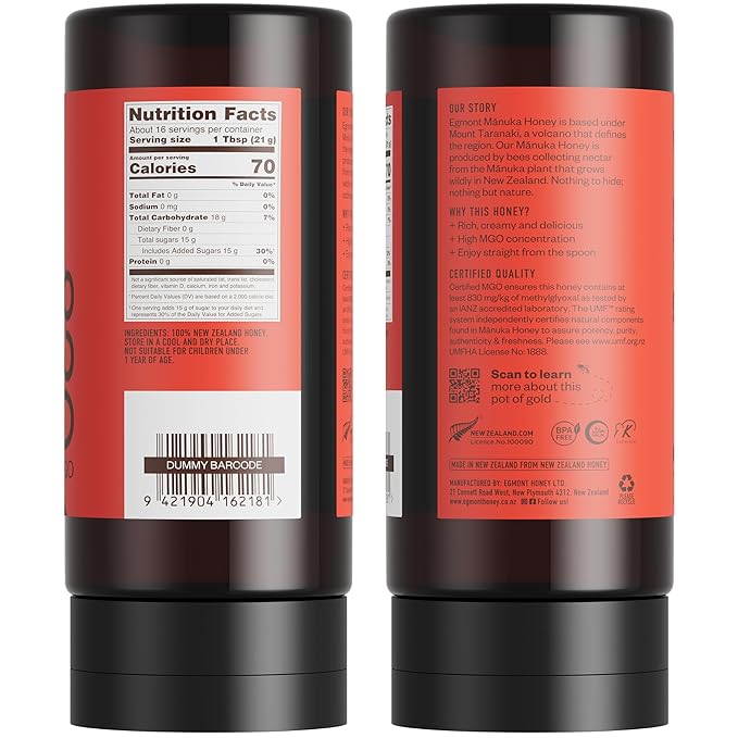 Egmont Honey Manuka Honey UMF 20+ MGO 830+ Squeeze Bottle 12.3oz (350g) | Raw Kosher BPA Free Certified UMF &amp MGO 100% Pure Traceable New Zealand Non-GMO Honey