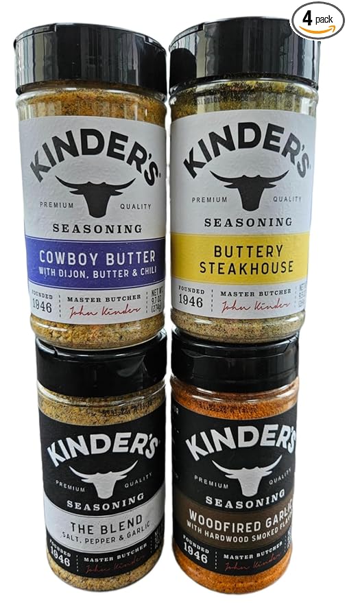 Seasoning Set by KINDERs Pantry Essentials 4 Pack 10.5 oz The Blend 9.5 oz Buttery Steakhouse 9.5 oz Woodfired Garlic 9.4 oz Cowboy Butter Gluten Free Non-GMO