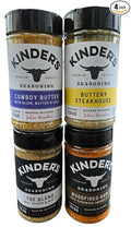 Seasoning Set by KINDERs Pantry Essentials 4 Pack 10.5 oz The Blend 9.5 oz Buttery Steakhouse 9.5 oz Woodfired Garlic 9.4 oz Cowboy Butter Gluten Free Non-GMO