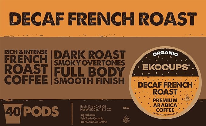 EKOCUPS Organic Swiss Water Decaf French Roast Coffee Pods Extra 30% More Coffee Per Cup Artisan Fair Trade Dark Roast for Keurig K Cup Machines Recyclable Pods 40 Count