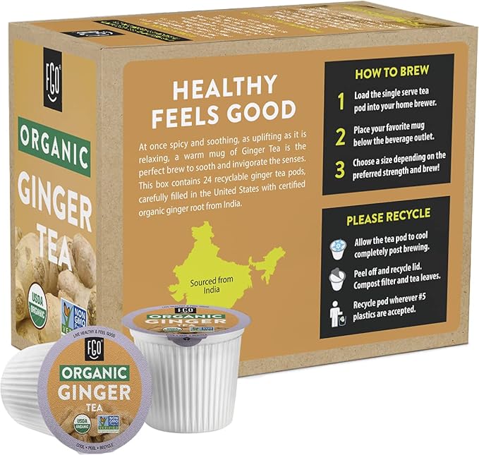 Organic Ginger Tea K-Cup Pods 24 Pods by FGO - Compatible with Keurig - Naturally Caffeine-Free Herbal Tea USDA Organic Non-GMO &amp Recyclable