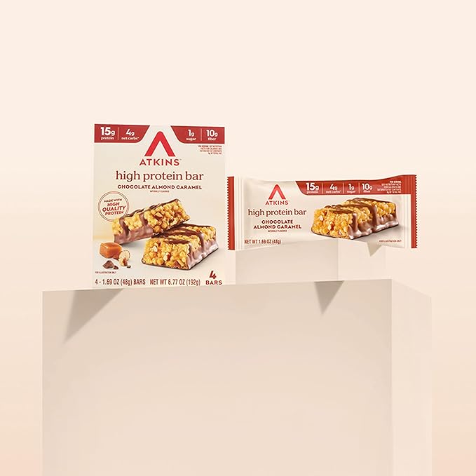 Atkins Chocolate Almond Caramel High Protein Bars Keto Snacks 15g Protein 3g Net Carbs 1g Sugar Gluten Free Protein Bars High Fiber Snacks Low Sugar 4 Count (Pack of 6)
