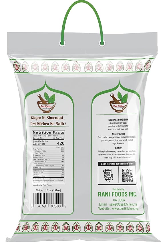 Desi Kitchen Raw Peanuts Whole with skin (Uncooked Unsalted) 12lbs (192oz) Poly Bag by Rani Foods Inc