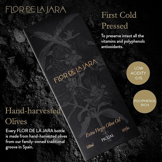 FLOR DE LA JARA Premium Extra Virgin Olive Oil from Spain First Cold Pressed Polyphenol-Rich Monovarietal Picual Hand-Harvested Olives Family-Owned Grove Low acidity (01%) 16.9 fl oz (500ml)