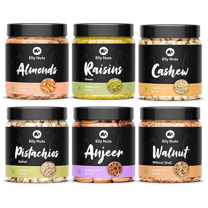 Elly Nuts Dry Fruits Combo Pack 250 gms Each Total Weight 1.5 Kg- (California Almonds Green Raisins Cashew Nuts Pistachios Anjeer &amp Walnut) - Dry Fruits [Jar Pack]
