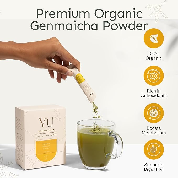 Yu Tea Organic Genmaicha Green Tea Powder 75 Servings | Japanese Green Tea &amp Roasted Brown Rice | Low Caffeine &amp Unsweetened | Relaxation Antioxidants &amp Digestion | Resealable Pouch 2.6