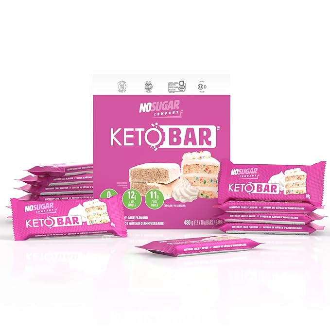 No Sugar Keto Bar Snack - Low Carb No Sugar Keto Snack Food with Keto Friendly Macros (12 x 1.41oz Bars Birthday Cake)
