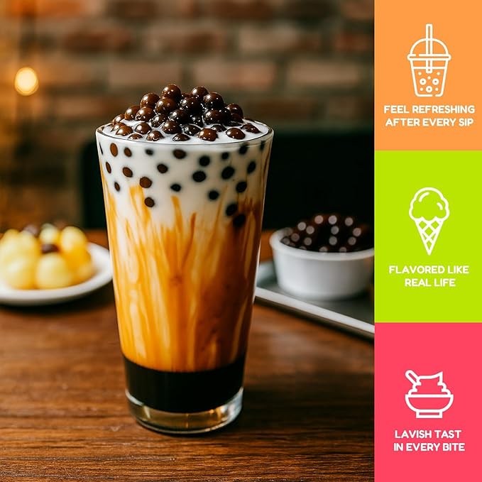 Fanale Brown Sugar Popping Boba Pearls Vegan Non GMO Gluten Free Fat Free Perfect for Bubble Tea Smoothies Ice Cream Desserts and Beverages.