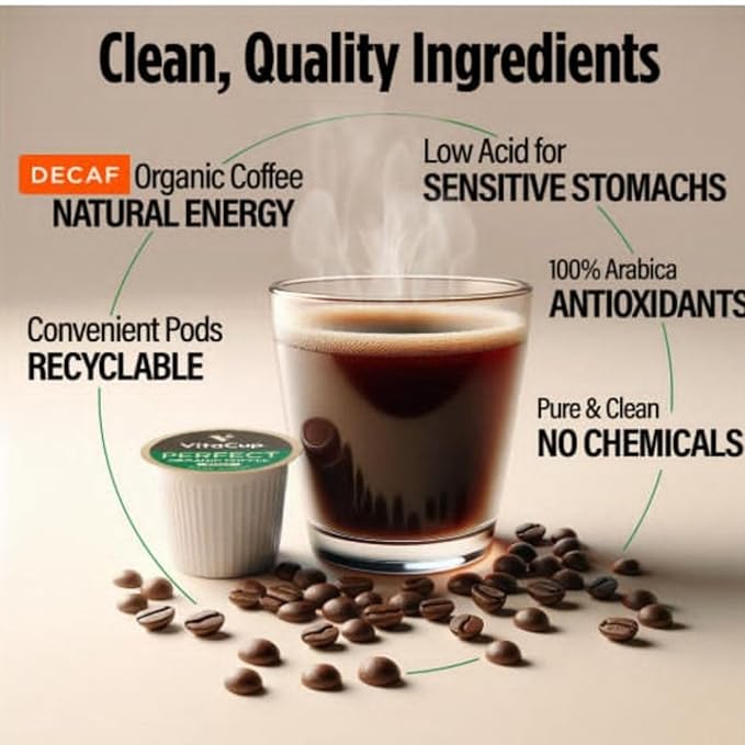 VitaCup Organic Perfect Dark Roast Decaf Coffee Pod for Pure &amp Clean Energy Antioxidants Low Acid Peru Single Origin in Single Serve Pod compatible w/Keurig K-Cup Brewers16CT