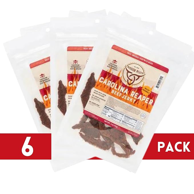 Mission Meats Carolina Reaper Jerky from 100% Grass Fed &amp Pasture Raised Beef Caution: Extremely Spicy Small Batch Hand Crafted Gluten Free 2oz (Pack of 6)