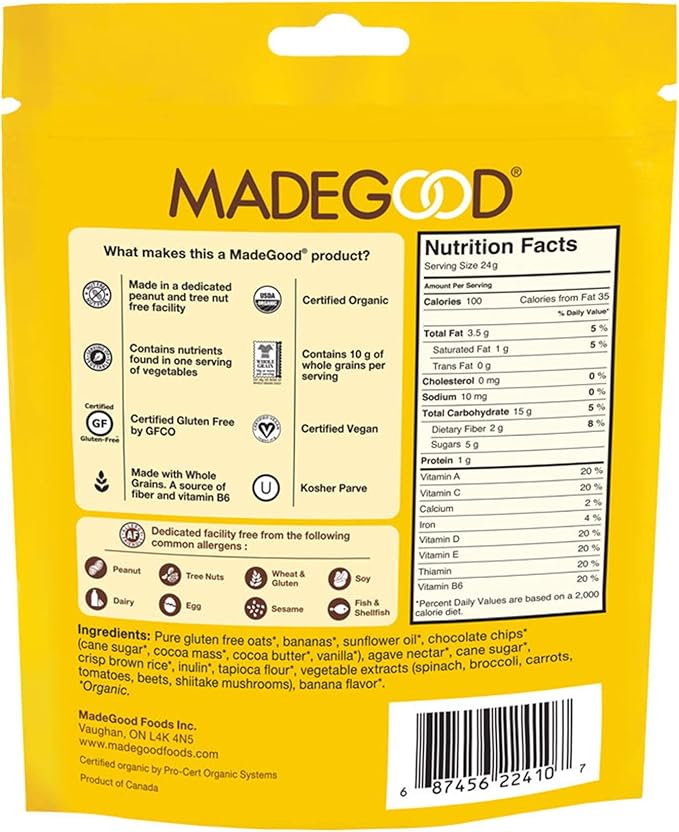 MadeGood Chocolate Banana Granola Minis 6 Pouches (3.5oz/Each) Wholesome and Delicious Bite-Sized Snacks Organic Made with Allergy Friendly Ingredients Ideal for School Safe Lunches and Snacks