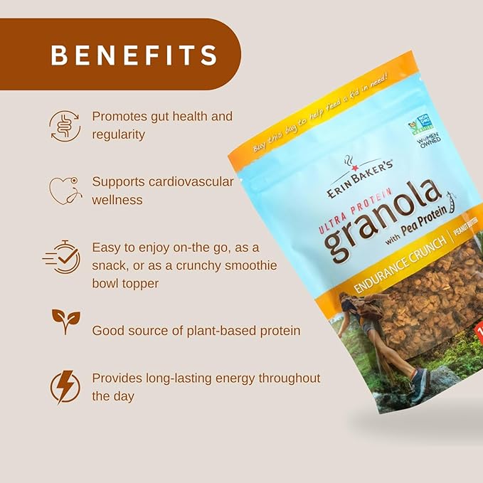 Erin Baker's Ultra Protein Granola Endurance Crunch Peanut Butter Vegan Non-GMO Granola Cereal 12 Ounce (Pack of 6)