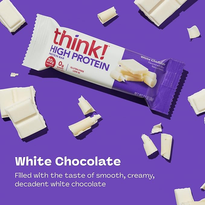think! Protein Bars High Protein Snacks Gluten Free Kosher Friendly White Chocolate Nutrition Bars 2.1 Oz per Bar 10 Count (Packaging May Vary)