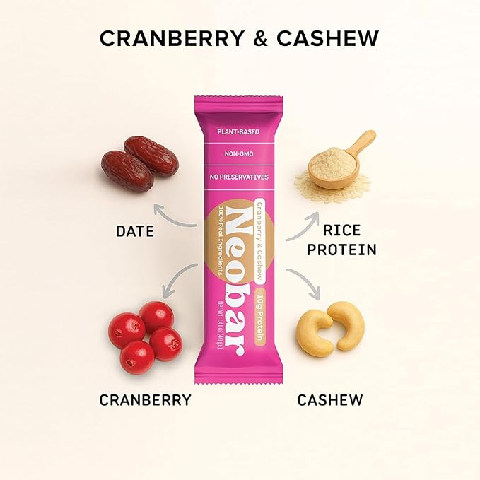NEOBAR 10g Plant-Based Protein Fruit and Nut Bars - Vegan Snack Bars Gluten Free Dairy Free Snacks No Preservatives No Refined Sugars Added Non-GMO | Cranberry &amp Cashew 12 Count