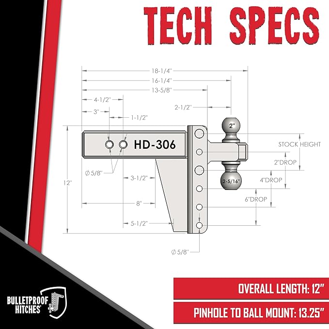 BulletProof Hitches - 3.0 Adjustable Heavy Duty Trailer Hitch (22000 lb. Rating) - 6 Drop/Rise Trailer Hitch with 2 &amp 2-5/16 Dual Ball - Powder Coat Solid Steel Corrosion-Resistant