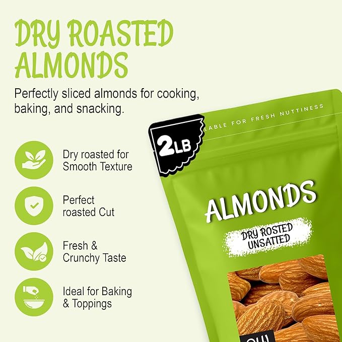 Oh! Nuts Almonds - Dry Roasted Unsalted Almonds - 2 lb - No Salt No Oil All-Natural Protein - Packed in New York Zip-Seal Bag for Exceptional Freshness