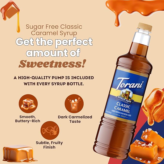 Torani Sugar-Free Classic Caramel Syrup 1 Liter Bottle with Pump Dispenser – Zero Calorie Coffee Flavoring with Rich Caramelized Brown Sugar Taste – Keto &amp Diabetic Friendly Sweetener for Lattes a