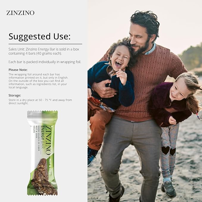 Zinzino - Energy Bars Nut and Seed - Fiber Vegan Snack No Added Sugar GMO-Free Healthy Snack for Adults Great Taste - 4-Pack High