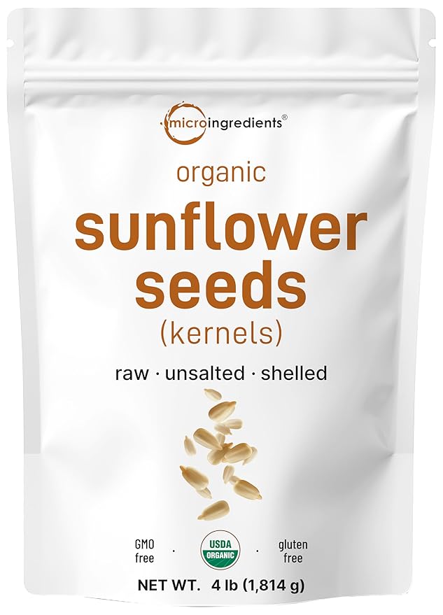 Organic Sunflower Seeds 4lbs | Raw Unsalted &amp Shelled – Whole Kernels | Low Carb Snack | Great for Baking Smoothies &amp Salad Toppings | Non-GMO Vegan Plant Based