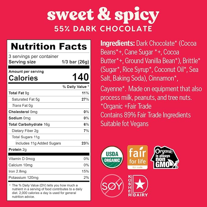 Theo Chocolate Valentine's Day Sweet &amp Spicy | Cinnamon &amp Cayenne Organic Organic Dark Chocolate Bar 55% Limited Edition 12 Pack Vegan Fair Trade Non-GMO