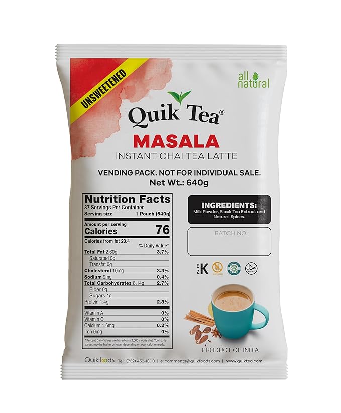 QuikTea Masala Unsweetened Chai Tea Latte - Bold Masala Flavor Naturally Caffeine-Light Preservative-Free No Sugar Added – 640g of Perfection Gluten Free Kosher