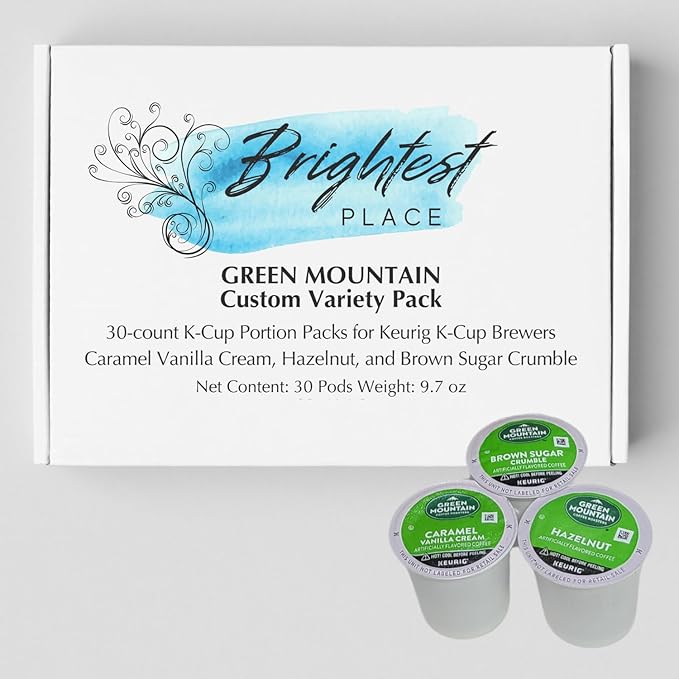 30-count K-Cup portion packs for Keurig K-Cup Brewers Variety with Green Mountain Flavors Caramel Vanilla Cream Hazelnut and Brown Sugar Crumble Packaged by Brightest Place
