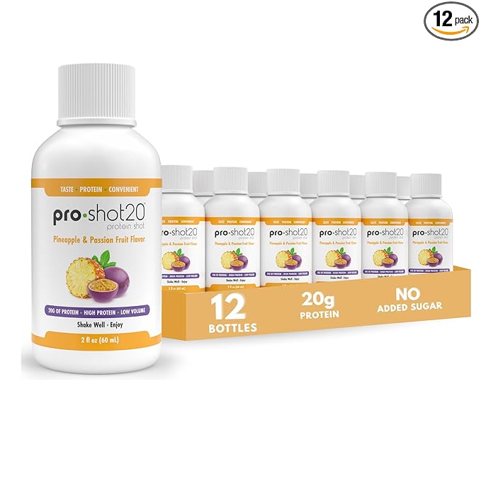 Pro-Shot20 Protein Shot Pineapple &amp Passion Fruit Flavor 60 mL 12-Pack- 20g Whey Protein &amp Hydrolyzed Collagen Drink- Low Calorie Low Carb Gluten Free No Aspartame Ready to Drink