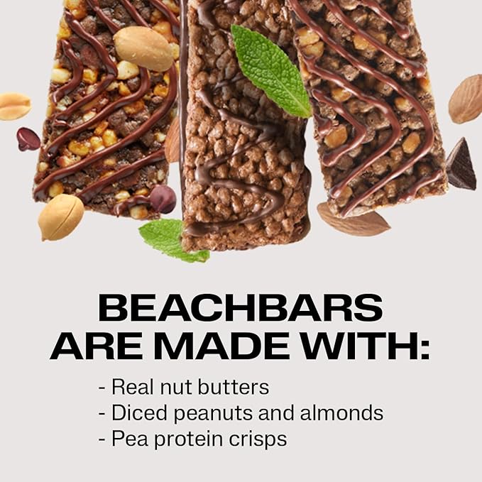 BODi BEACHBAR Plant-Based Chocolate Almond Crunch – Protein Rich Vegan Snack Bar Gluten-Free Low Glycemic Index 10g Protein 150 Calories 15 Bars per Box