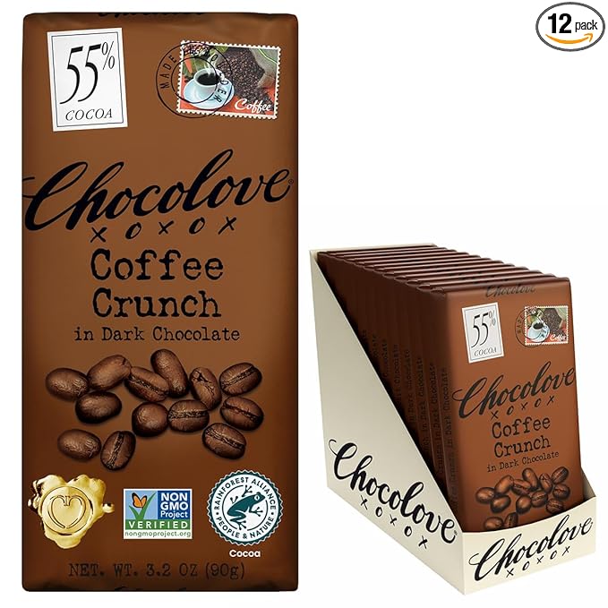 Chocolove Coffee Crunch Dark Chocolate Bars | 55% Cocoa | Crunchy Coffee Bean Bits | Smooth &amp Sweet | Premium Dark Chocolate | Non GMO Rainforest Alliance Certified 3.2oz Bar (12 Pack)