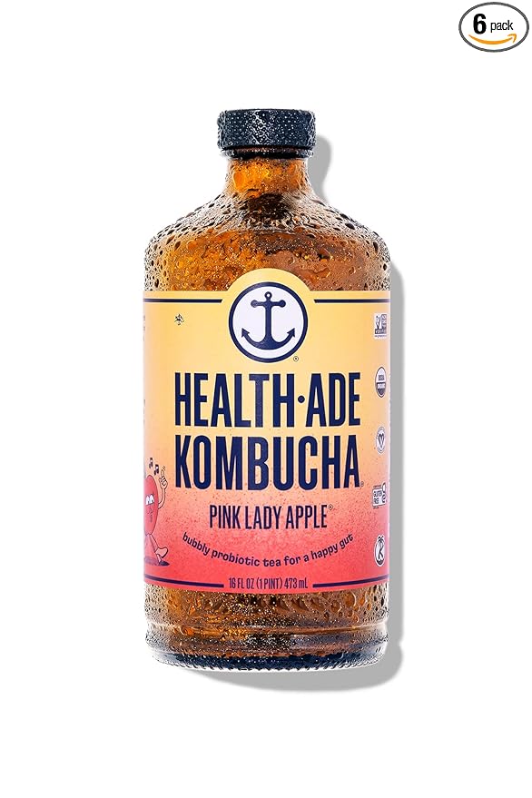 Health-Ade Kombucha Tea Organic Drink Fermented Tea with Living Probiotics Detoxifying Acids Supports Gut Health Non-GMO Vegan Gluten Free 6 Pack (16 Fl Oz Bottles) Pink Lady Apple