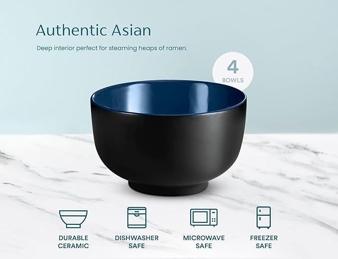KooK Ramen Bowl Japanese Bowls Noodle Bowls Large Soup Bowl Ceramic Large Capacity For Ramen Pho Udon Soba Microwave and Dishwasher Safe 34 oz Set of 4 (Black/Navy)