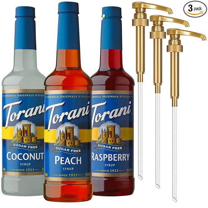 Torani Sugar Free Syrup Variety 3-Pack Peach Coconut and Raspberry Syrup for Drinks Zero Calories Pumps Included 25.4 Fl Oz Ea