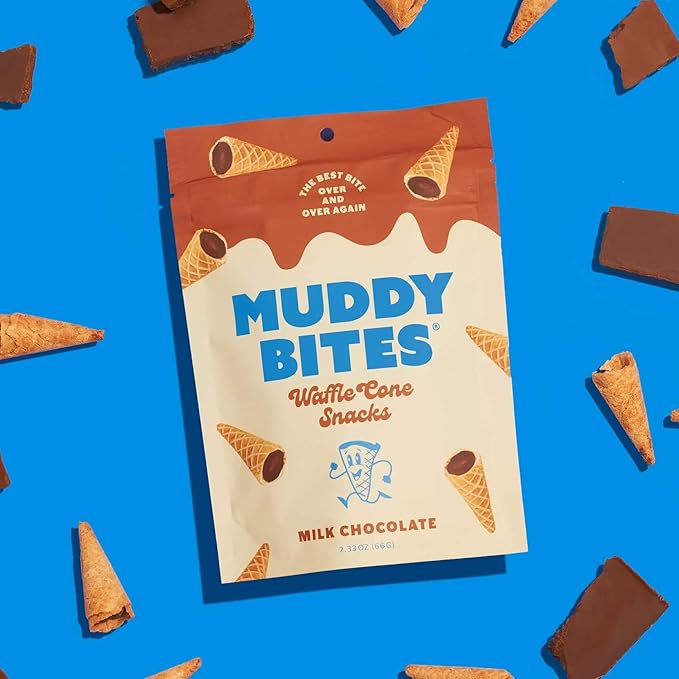 Muddy Bites Waffle Cone Snacks Bite Sized Chocolate Filled Waffle Cones for Snack or Dessert Ice Cream Topping made with Pure Cane Sugar Kosher (2.33 oz (Pack of 5) Milk-Chocolate)
