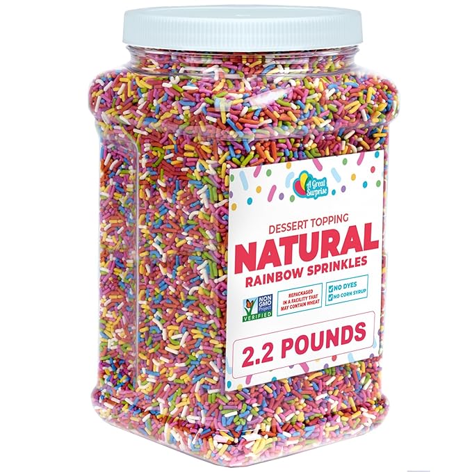 A Great Surprise Dye-Free Rainbow Sprinkles – 2.2 LB - Easter Natural Vegan Baking Toppings with No Artificial Dyes or Flavors – Non-GMO Jimmies for Cookies Cakes Ice Cream &amp Cupcakes