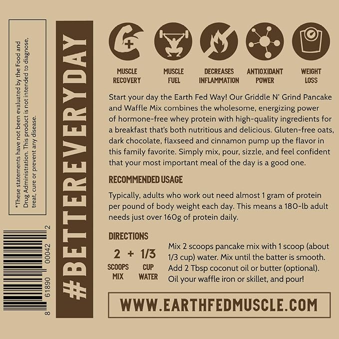 Earth Fed Muscle Griddle N' Grind Chocolate Chip Protein Pancake Mix &amp Waffle Mix – Protein Pancakes Gluten Free High Protein &amp Fiber Just Add Water – 2lbs 13 Servings