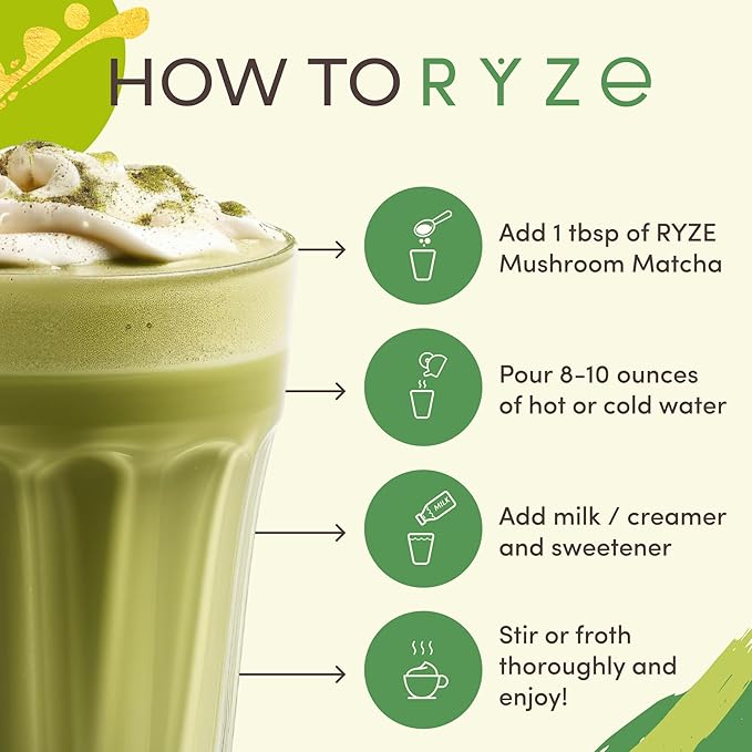 RYZE SUPERFOODS Mushroom Matcha USDA Organic with 6 Adaptogenic Mushrooms and Ceremonial-Grade Matcha for Energy Focus Digestion Immunity with Turkey Tail Shiitake Lion's Mane 30 servings