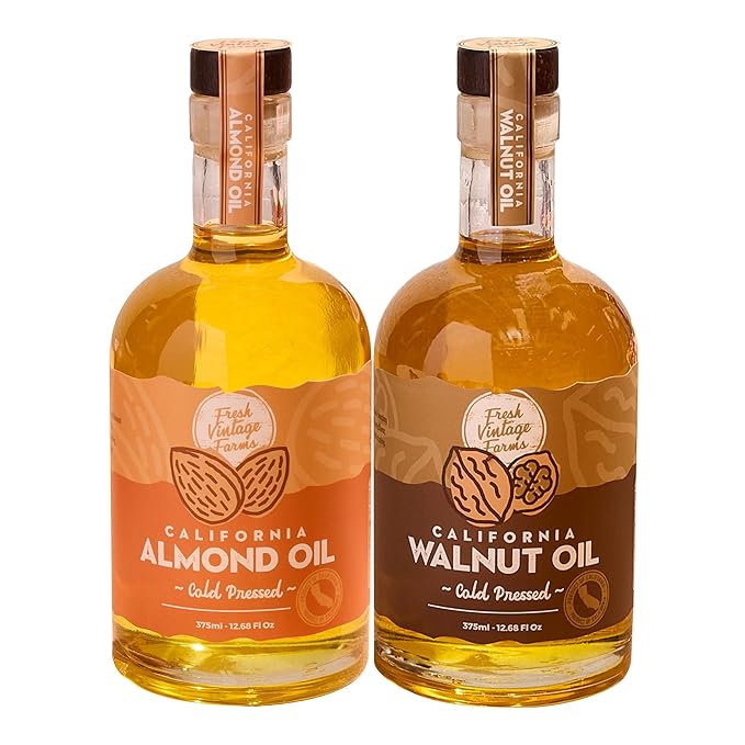 Fresh Vintage Farms Nut Bundle 100% Undiluted Cold Pressed Almond &amp Walnut Cooking Oils | Wholesome &amp Nutritious Healthy Cooking Oils for Cooking Baking Dipping &amp Salads | 12.68 Fl oz