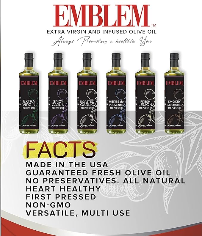 Emblem 100% Extra Virgin and Infused Olive Oil for Everyday Kitchen Use | Cold Extracted Cooking &amp Baking | Non GMO Keto Vegan Friendly 500ml (Mild Flavor)