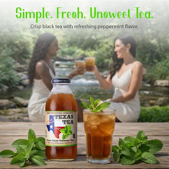 Texas Tea Cedar Creek Unsweet Tea Real Brewed Black Tea with Refreshing Peppermint Flavor Non GMO No Preservatives Crisp Unsweetened Texas Brewed Tea 16 fl oz Pack of 12