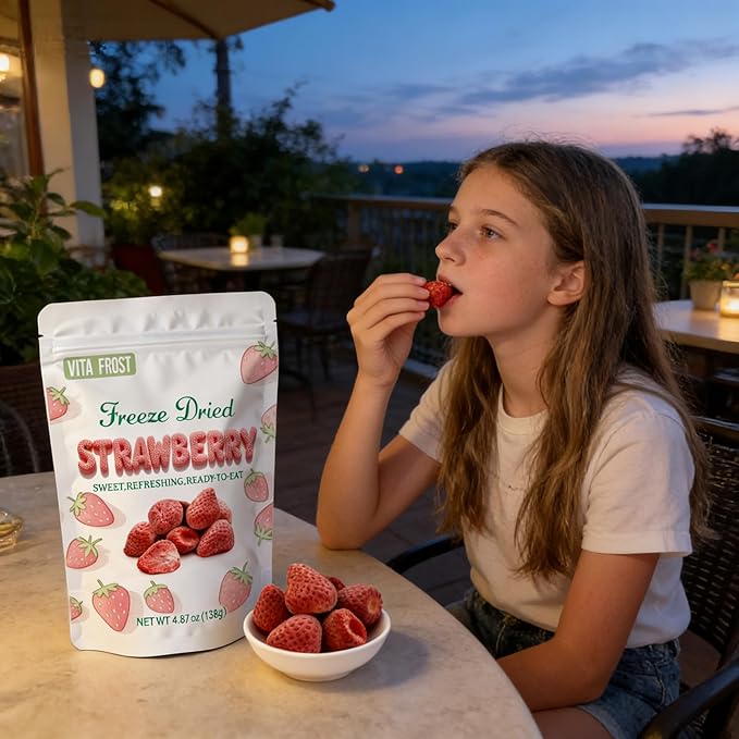 Vita Frost Freeze Dried Whole Strawberries (2 Packs of 4.87 oz) Frozen Dry Strawberry Crisps Natural Yummy Dehydrated Strawberry Slices Fruits Snacks Resealable Bag.