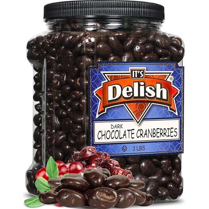 Dark Chocolate Covered Cranberries by Its Delish 3 LBS Jumbo Container | Gourmet Dark Chocolate Cranberries Healthy Snacks Chocolate Fruit | USA Made Vegan Kosher