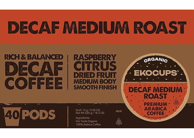 EKOCUPS Organic Swiss Water Decaf Medium Roast Coffee Pods 30% More Coffee Per Cup Fair Trade Decaffeinated Coffee for Keurig K Cup Machines Recyclable Pods 40 Count